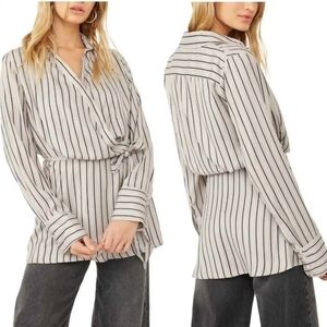 Free PEOPLE Arlo Striped Plunging Neckline Long Sleeve Wrap Blouse Size XS